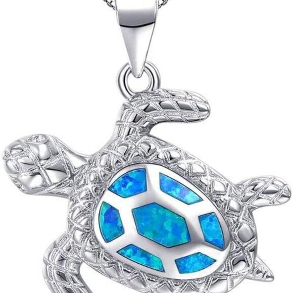 Blue Opal Sea Turtle Necklace Sterling Silver Necklace Fine Jewelry For Women Gi - Picture 1 of 6